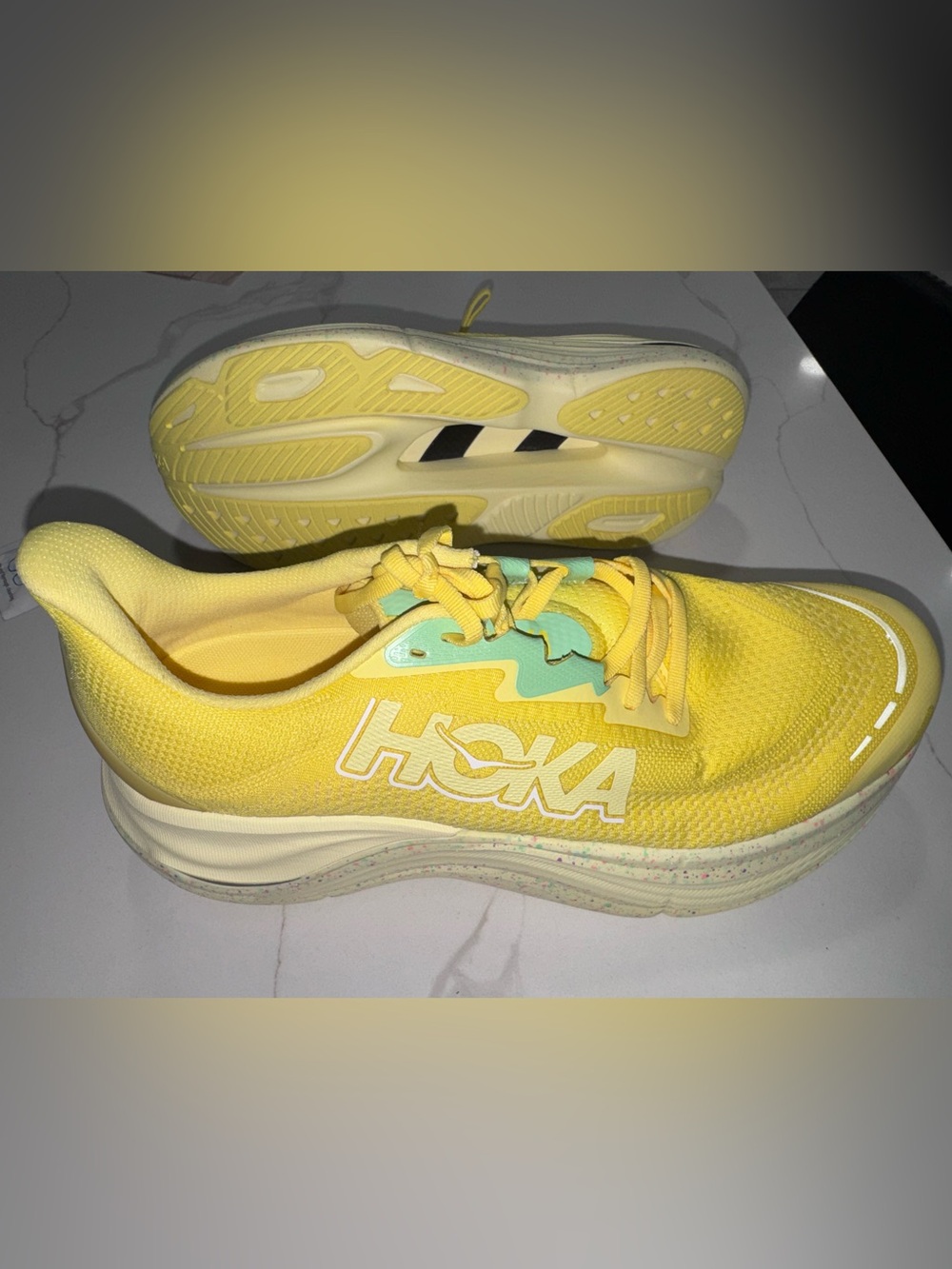 Hoka Yellow and Mint Performance Running Shoes